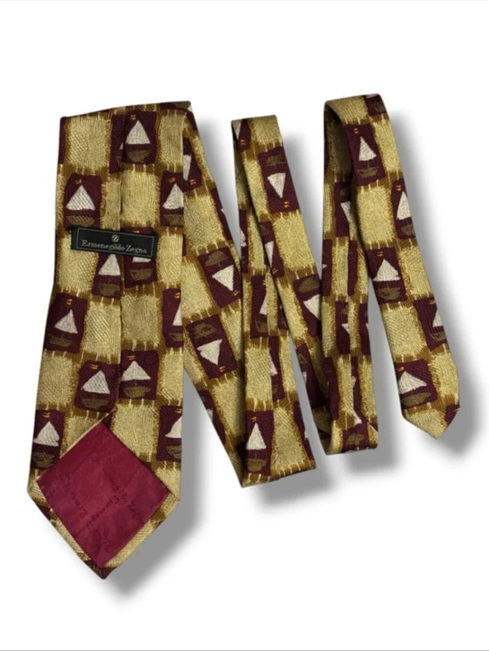 ERMENEGILDO ZENGA Yellow, Tan, & Red Silk Square Pattern Sailboats Tie VINTAGE